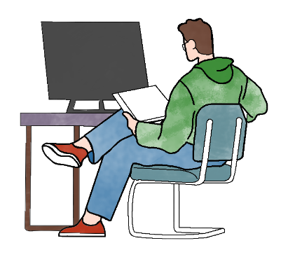 Drawing of person sat at a desk with a notepad